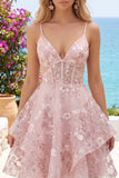 Vestido de bienvenida a casa con tirantes finos rosa A-Line