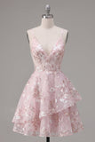 Corsé rosa A-Line con tirantes finos y vestido floral de bienvenida