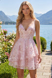Corsé rosa A-Line con tirantes finos y vestido floral de bienvenida
