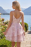 Corsé rosa A-Line con tirantes finos y vestido floral de bienvenida
