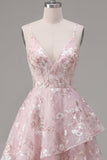 Corsé rosa A-Line con tirantes finos y vestido floral de bienvenida