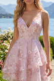 Corsé rosa A-Line con tirantes finos y vestido floral de bienvenida