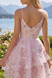 Corsé rosa A-Line con tirantes finos y vestido floral de bienvenida