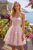 Corsé rosa A-Line sin tirantes Vestido floral de bienvenida