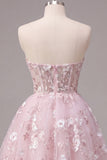 Corsé rosa A-Line sin tirantes Vestido floral de bienvenida