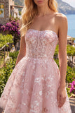 Corsé rosa A-Line sin tirantes Vestido floral de bienvenida