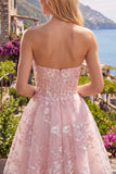 Corsé rosa A-Line sin tirantes Vestido floral de bienvenida