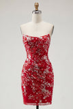 Vestido de bienvenida sin tirantes corto, rojo rojo y ajustado, corto, con cuentas y flores, sin tirantes