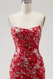 Vestido de bienvenida sin tirantes corto, rojo rojo y ajustado, corto, con cuentas y flores, sin tirantes