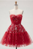 Vestido de bienvenida floral con volantes rojo brillante y brillante Línea A, con cuentas y cuentas