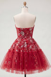 Vestido de bienvenida floral con volantes rojo brillante y brillante Línea A, con cuentas y cuentas