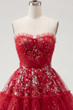 Vestido de bienvenida floral con volantes rojo brillante y brillante Línea A, con cuentas y cuentas
