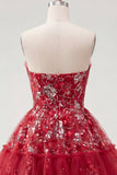Vestido de bienvenida floral con volantes rojo brillante y brillante Línea A, con cuentas y cuentas