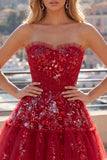 Vestido de bienvenida floral con volantes rojo brillante y brillante Línea A, con cuentas y cuentas