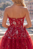 Vestido de bienvenida floral con volantes rojo brillante y brillante Línea A, con cuentas y cuentas