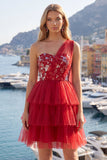 Vestido corto de bienvenida a casa rojo floral de un hombro con volantes