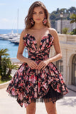 Flor negra rosa Una línea de vestido corto de bienvenida con escote en V y fruncido con lazos