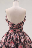 Flor negra rosa Una línea de vestido corto de bienvenida con escote en V y fruncido con lazos