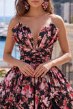 Flor negra rosa Una línea de vestido corto de bienvenida con escote en V y fruncido con lazos