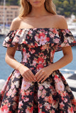 Flor negra rosa Una línea en el hombro Vestido corto de bienvenida