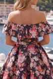 Flor negra rosa Una línea en el hombro Vestido corto de bienvenida