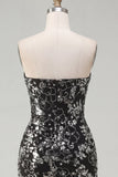 Vestido de bienvenida corto, ajustado, corto, sin tirantes y negro negro brillante, floral fruncido