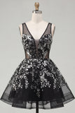 Vestido corto de bienvenida a casa de lentejuelas negras con flores brillantes
