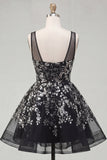 Vestido corto de bienvenida a casa de lentejuelas negras con flores brillantes
