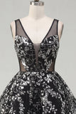 Vestido corto de bienvenida a casa de lentejuelas negras con flores brillantes