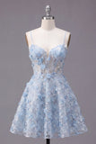 Vestido de fin de casa con tirantes finos azul brillante floral de lentejuelas A línea corsé corto