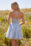 Vestido de fin de casa con tirantes finos azul brillante floral de lentejuelas A línea corsé corto