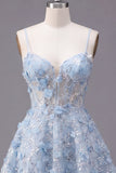Vestido de fin de casa con tirantes finos azul brillante floral de lentejuelas A línea corsé corto