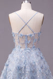 Vestido de fin de casa con tirantes finos azul brillante floral de lentejuelas A línea corsé corto