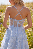 Vestido de fin de casa con tirantes finos azul brillante floral de lentejuelas A línea corsé corto