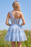 Corsé corto de rosca con lentejuelas azul brillante floral A Line Shorts Homecoming con volantes