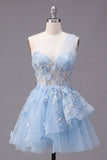 Corsé azul brillante con cuentas floral Línea A Vestido corto de bienvenida con volantes