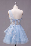 Corsé azul brillante con cuentas floral Línea A Vestido corto de bienvenida con volantes