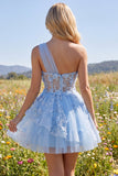 Corsé azul brillante con cuentas floral Línea A Vestido corto de bienvenida con volantes