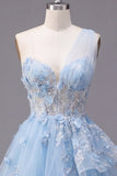 Corsé azul brillante con cuentas floral Línea A Vestido corto de bienvenida con volantes