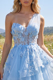 Corsé azul brillante con cuentas floral Línea A Vestido corto de bienvenida con volantes