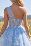 Corsé azul brillante con cuentas floral Línea A Vestido corto de bienvenida con volantes