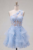 Corsé corto azul brillante con cuentas con ojo de cerradura, línea A A Vestido de bienvenida con volantes