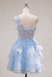 Corsé corto azul brillante con cuentas con ojo de cerradura, línea A A Vestido de bienvenida con volantes