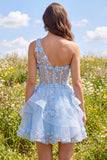 Corsé corto azul brillante con cuentas con ojo de cerradura, línea A A Vestido de bienvenida con volantes