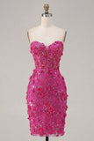 Vestido de bienvenida corto corto ajustado en flor fucsia fucsia con corsé corto y abalorios