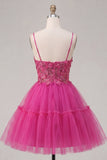 Fucsia brillante Línea A Corsé corto con cuentas florales Tirantes finos Vestido de bienvenida