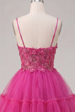 Fucsia brillante Línea A Corsé corto con cuentas florales Tirantes finos Vestido de bienvenida