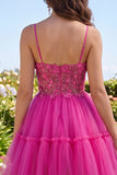 Fucsia brillante Línea A Corsé corto con cuentas florales Tirantes finos Vestido de bienvenida