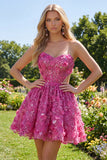 Vestido corto de bienvenida a casa corsé con cuentas con corte de línea fucsia brillante