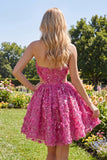 Vestido corto de bienvenida a casa corsé con cuentas con corte de línea fucsia brillante